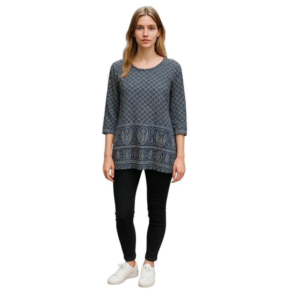 LUCKY BRAND Dark Blue‎ White Geometric Paisley 3/4 Sleeve Bohemian Top 1X